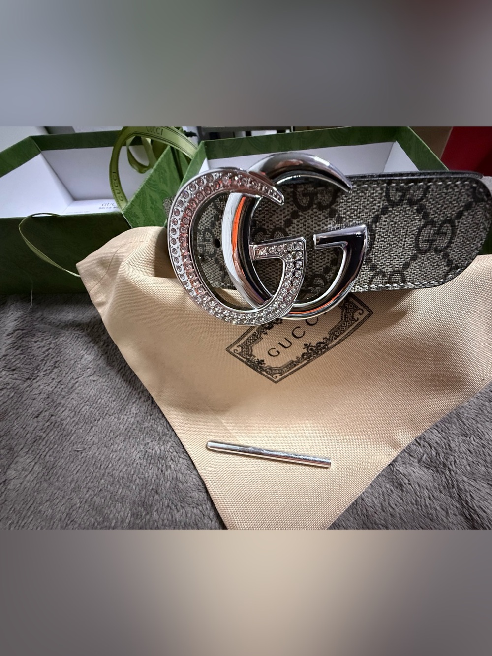 GUCCI Crystal Double G Buckle Monogram Leather Belt - Silver & Beige